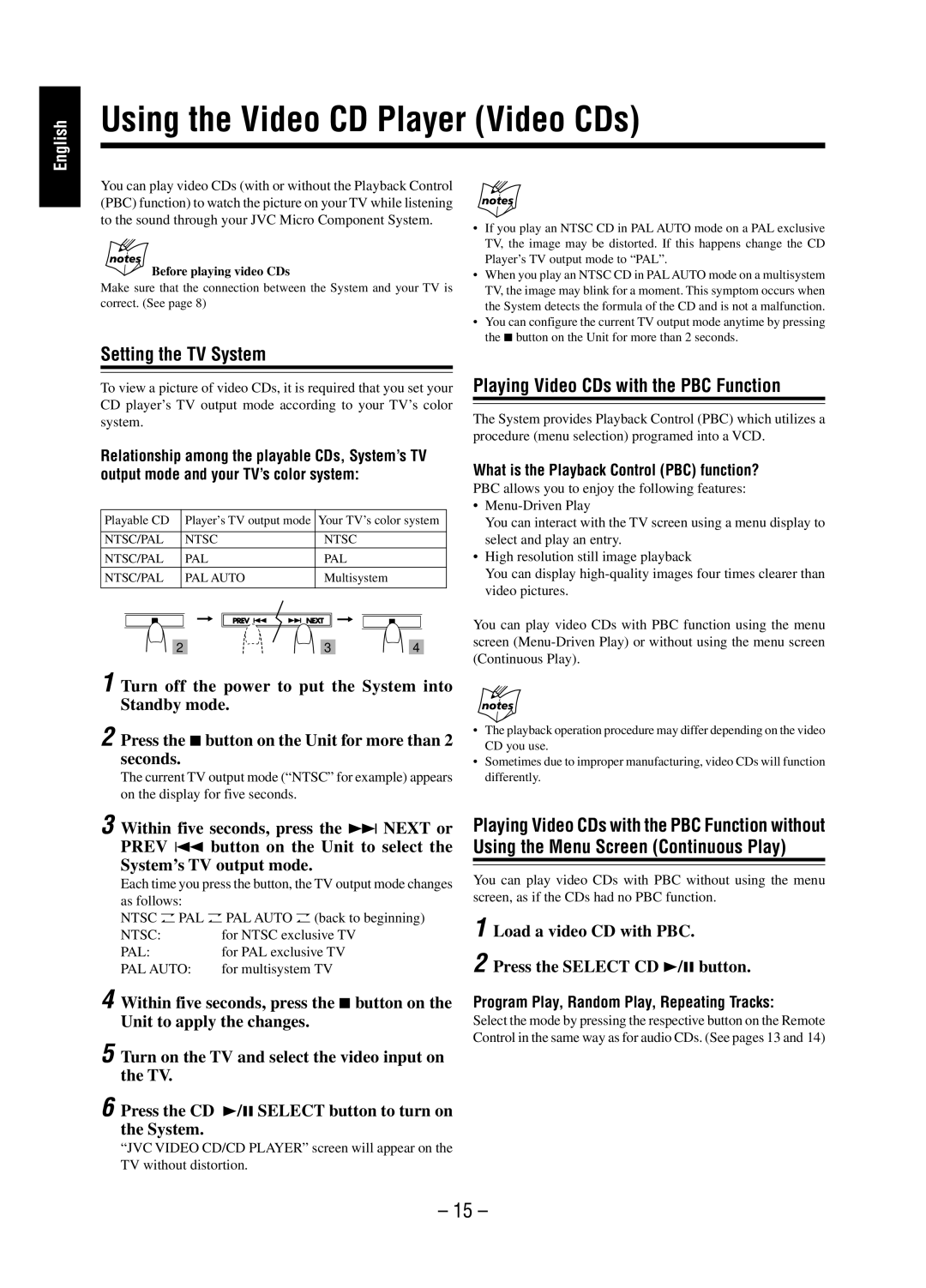JVC SP-UXP38V manual Using the Video CD Player Video CDs, Setting the TV System, Playing Video CDs with the PBC Function 