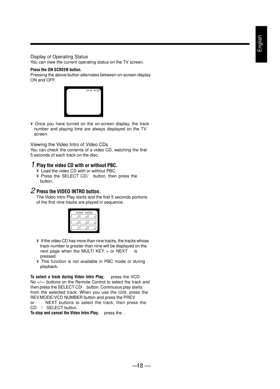 JVC A-UXP38V, SP-UXP38V Play the video CD with or without PBC, Press the Video Intro button, Display of Operating Status 