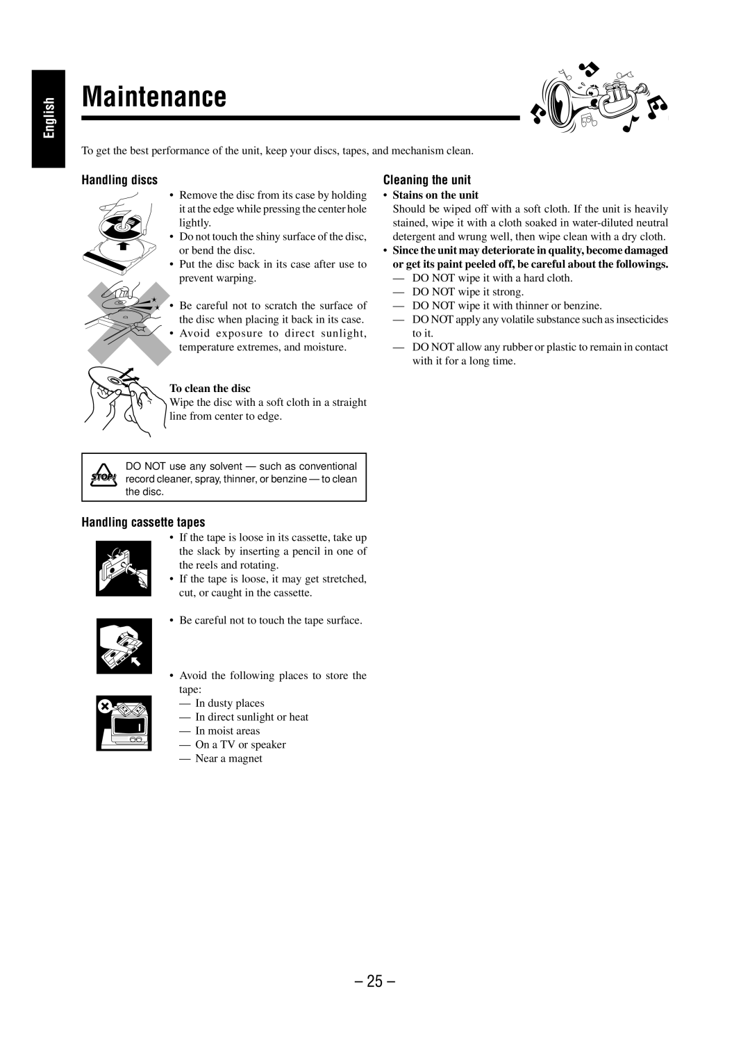 JVC SP-UXP38V, A-UXP38V manual Maintenance, Handling discs Cleaning the unit, Handling cassette tapes 