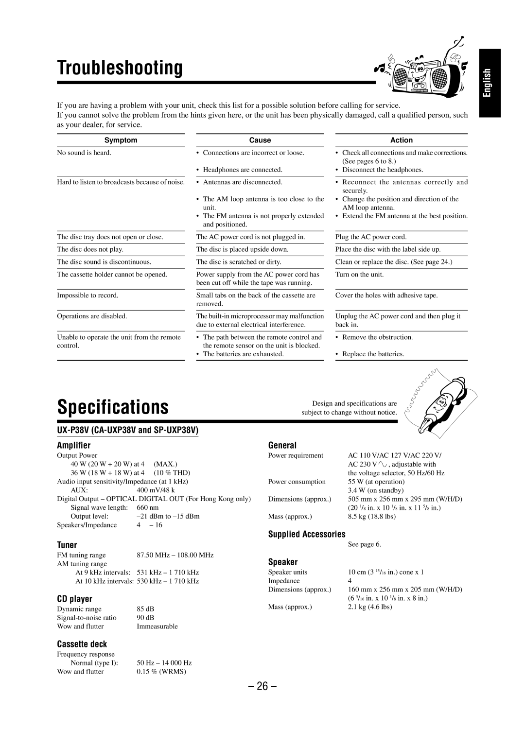 JVC A-UXP38V, SP-UXP38V manual Troubleshooting, Specifications 