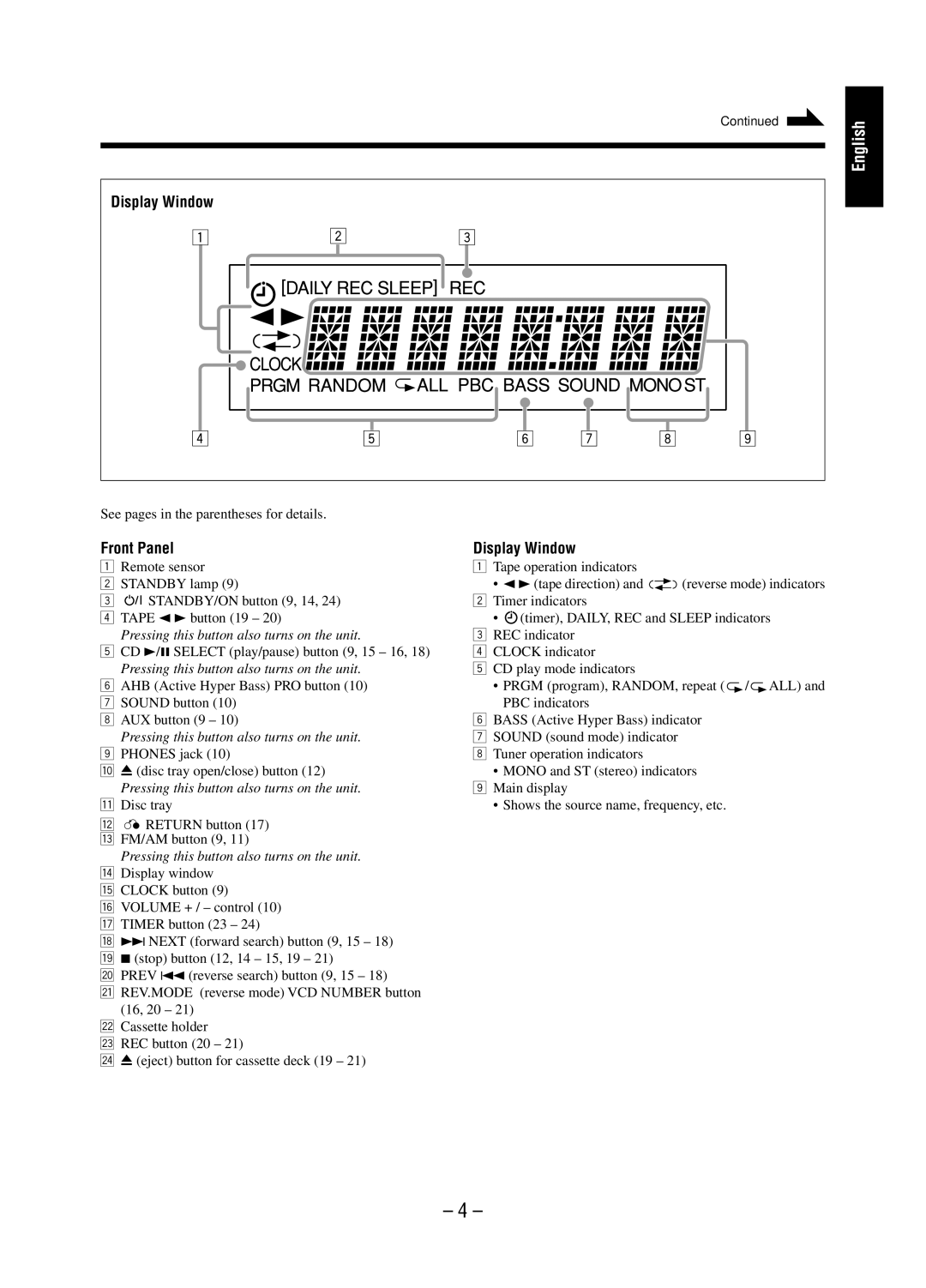 JVC A-UXP38V, SP-UXP38V manual Display Window, Pressing this button also turns on the unit 