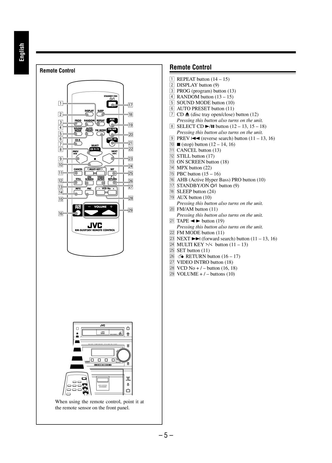 JVC SP-UXP38V, A-UXP38V manual Remote Control 