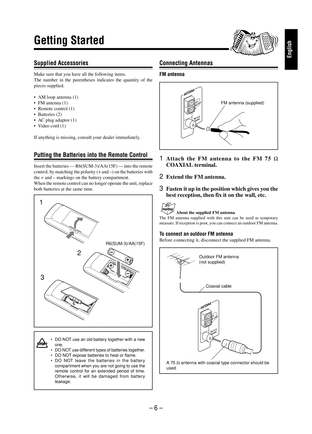 JVC A-UXP38V, SP-UXP38V manual Getting Started, Supplied Accessories Connecting Antennas 