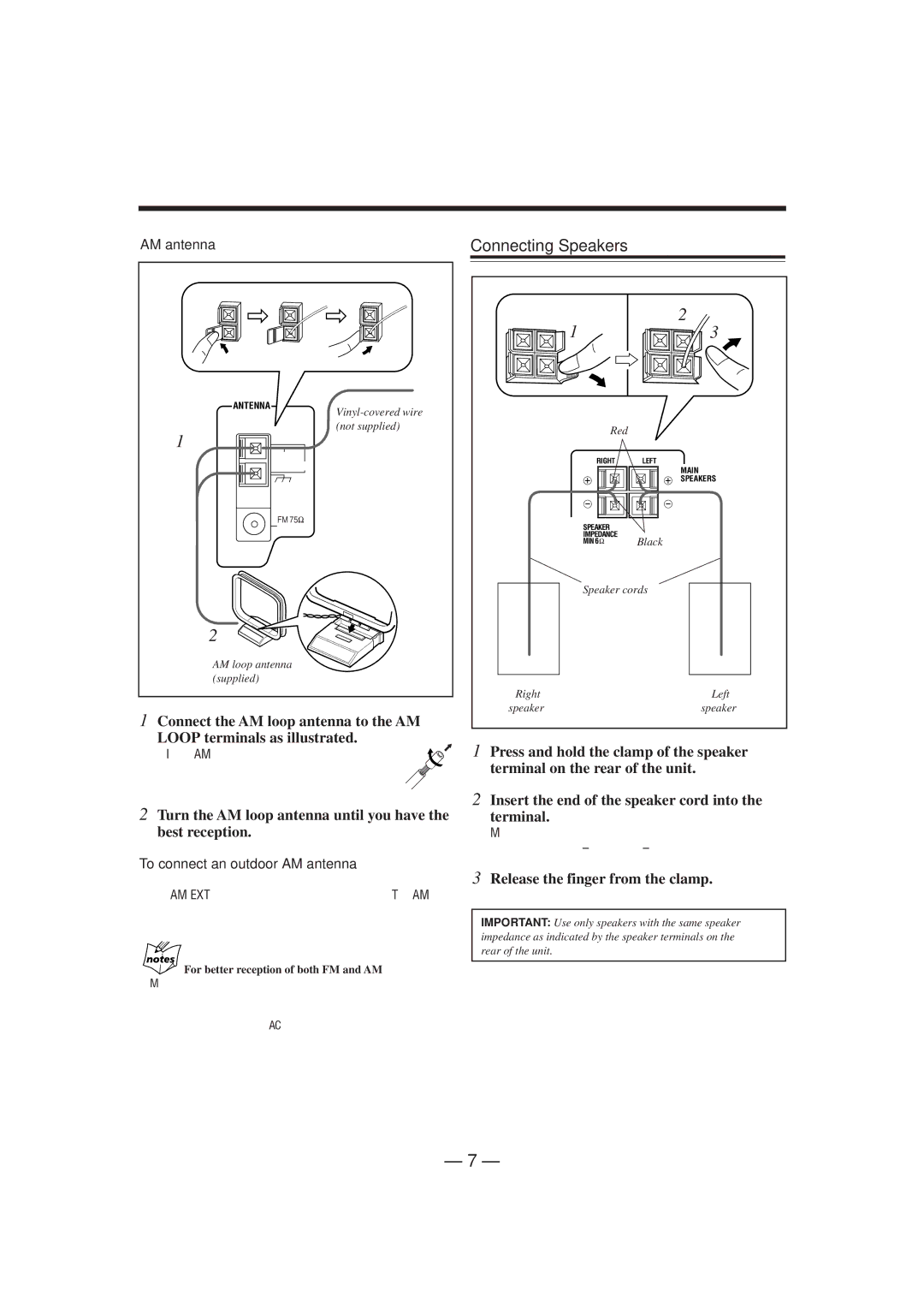 JVC SP-UXP5, CA-FSP5 manual Connecting Speakers, Turn the AM loop antenna until you have the best reception, AM antenna 