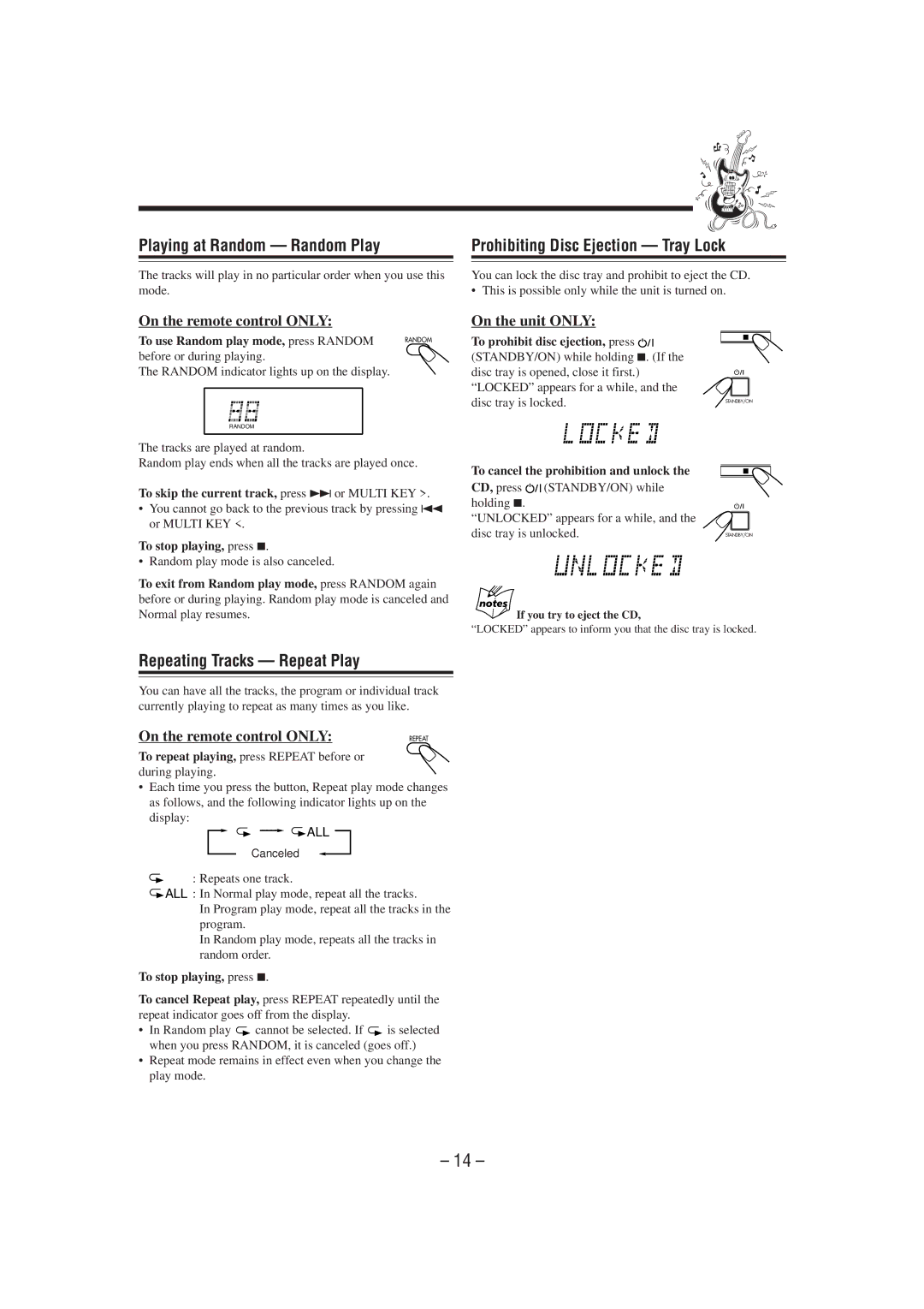 JVC CA-FSP5, SP-UXP5 manual Playing at Random Random Play, Prohibiting Disc Ejection Tray Lock, Repeating Tracks Repeat Play 