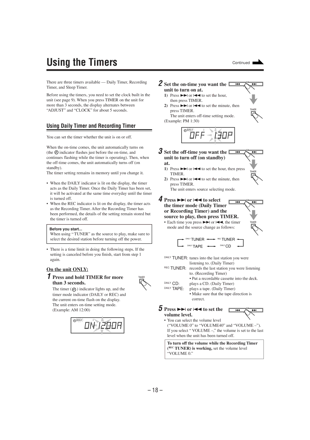 JVC CA-FSP5, SP-UXP5 manual Using the Timers, Using Daily Timer and Recording Timer 