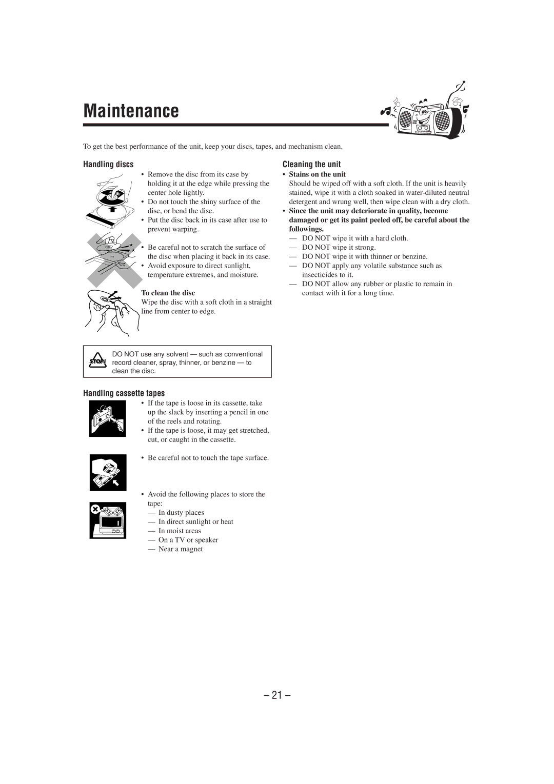 JVC SP-UXP5, CA-FSP5 manual Maintenance, Handling discs, Cleaning the unit, Handling cassette tapes 