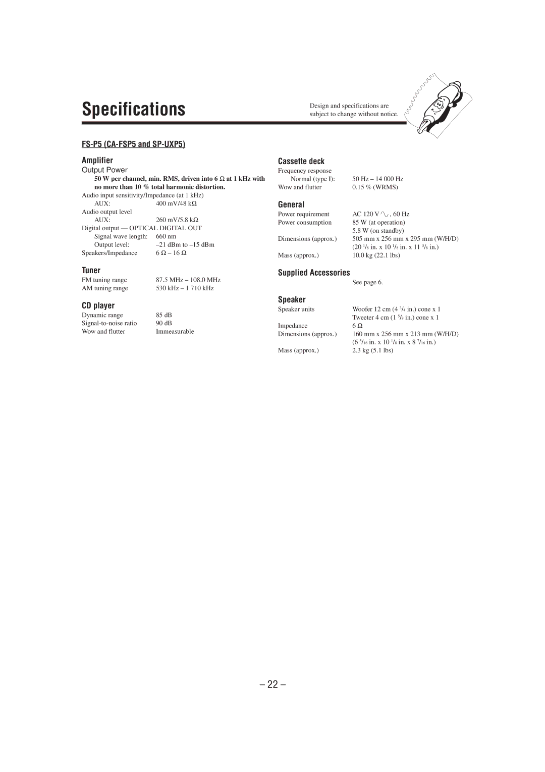 JVC CA-FSP5, SP-UXP5 manual Specifications 