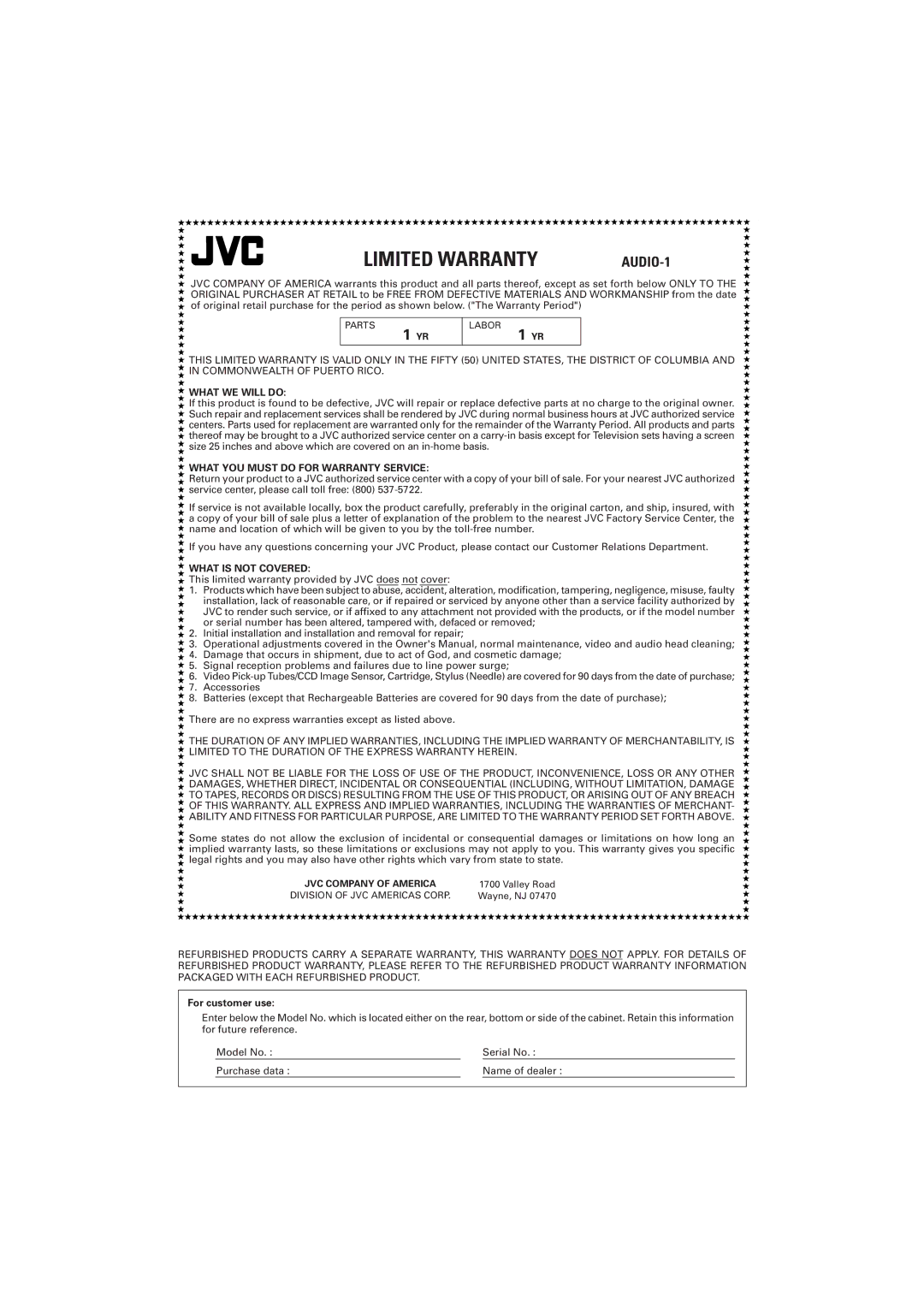 JVC CA-FSP5, SP-UXP5 manual Limited Warranty 