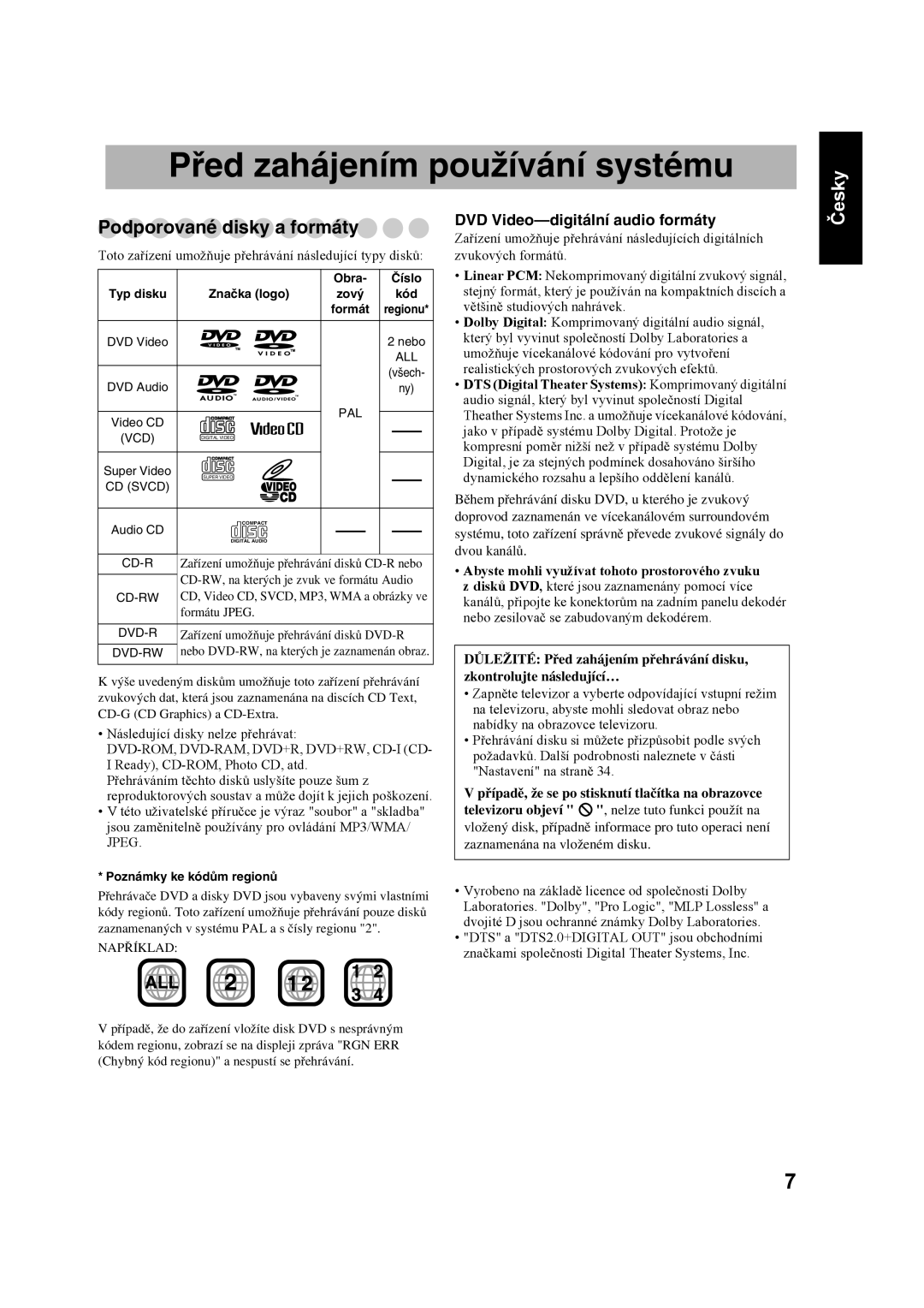 JVC CA-UXS77 manual Před zahájením používání systému, Podporované disky a formáty, DVD Video-digitálníaudio formáty, Česky 