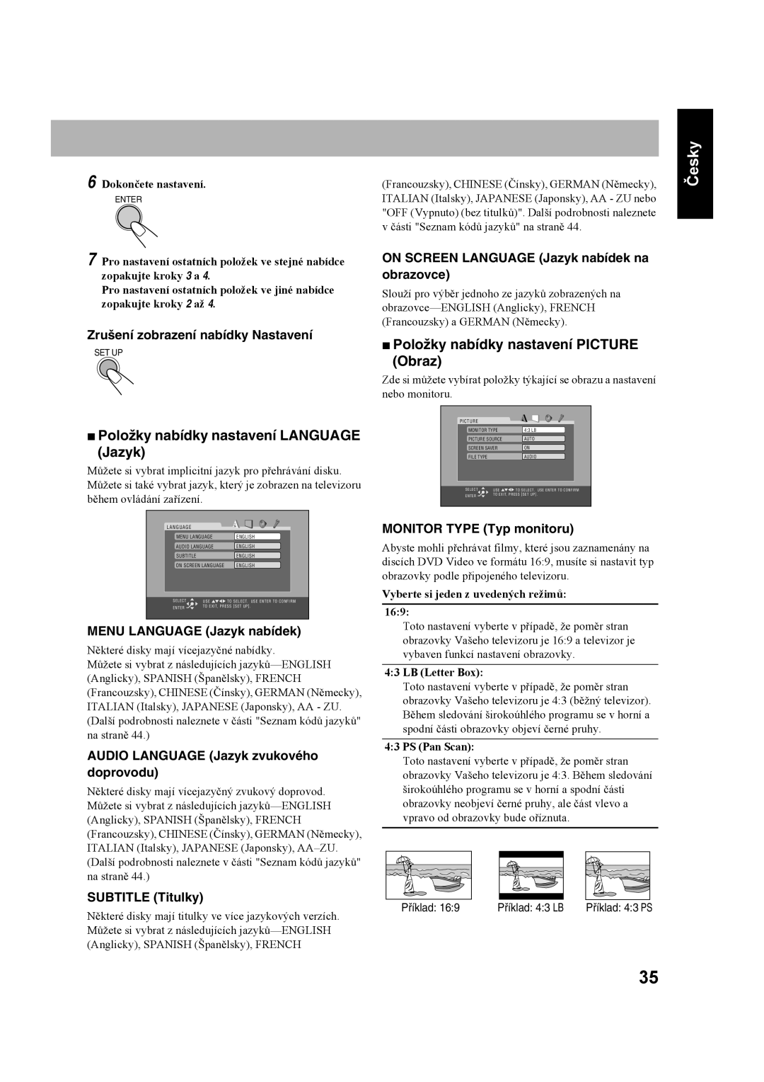 JVC CA-UXS77 Položky nabídky nastavení LANGUAGE Jazyk, Položky nabídky nastavení PICTURE Obraz, SUBTITLE Titulky, Česky 