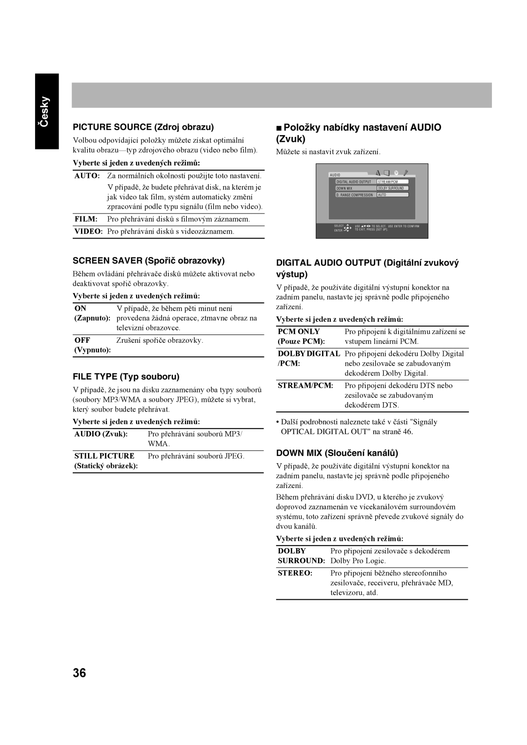 JVC SP-UXS77 manual Položky nabídky nastavení AUDIO Zvuk, PICTURE SOURCE Zdroj obrazu, SCREEN SAVER Spořič obrazovky, Česky 