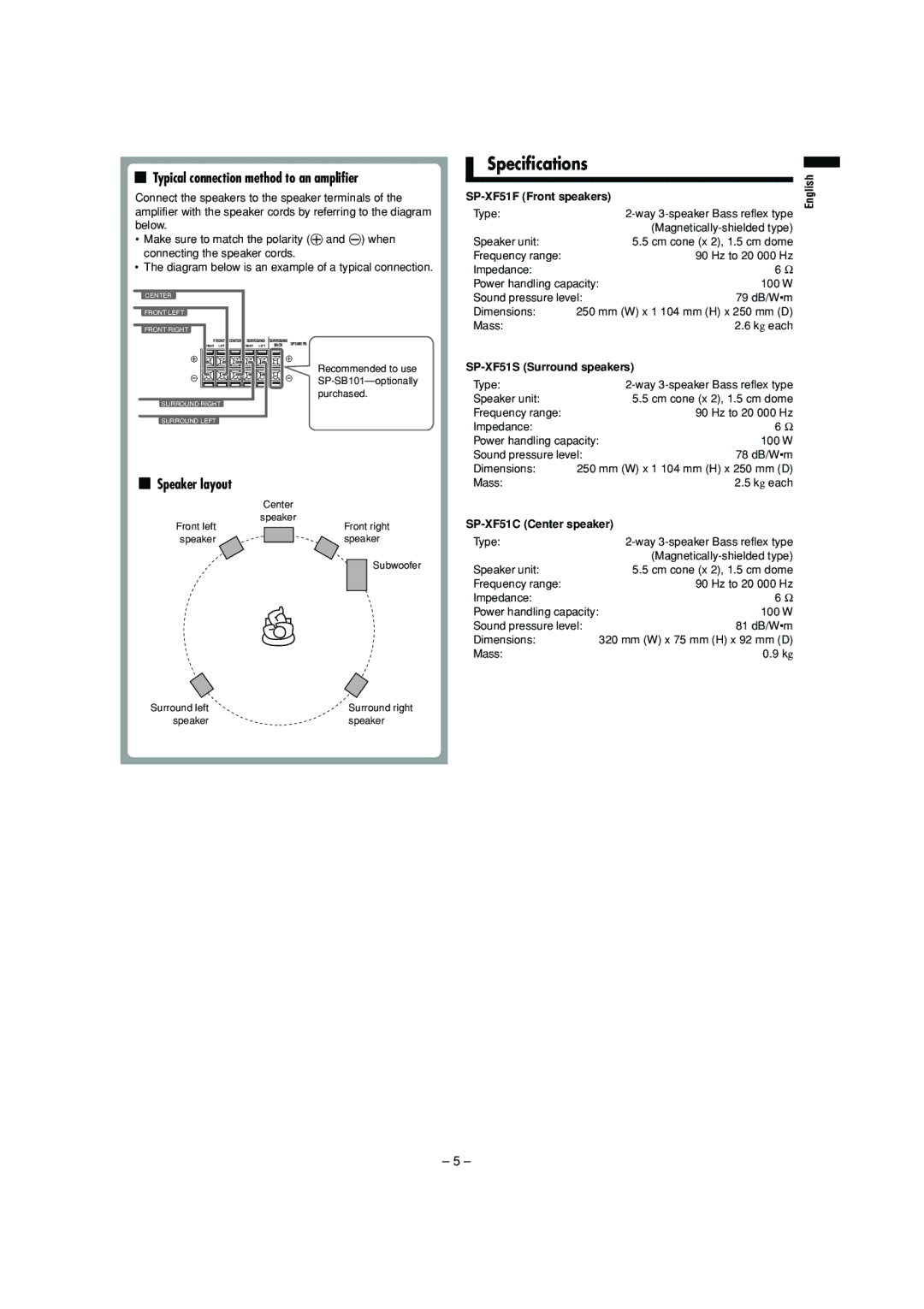 JVC SP-XF51F manual Specifications, Typical connection method to an amplifier, Speaker layout 