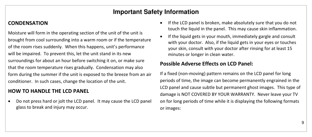 JVC SP55MC manual Condensation, Possible Adverse Effects on LCD Panel 