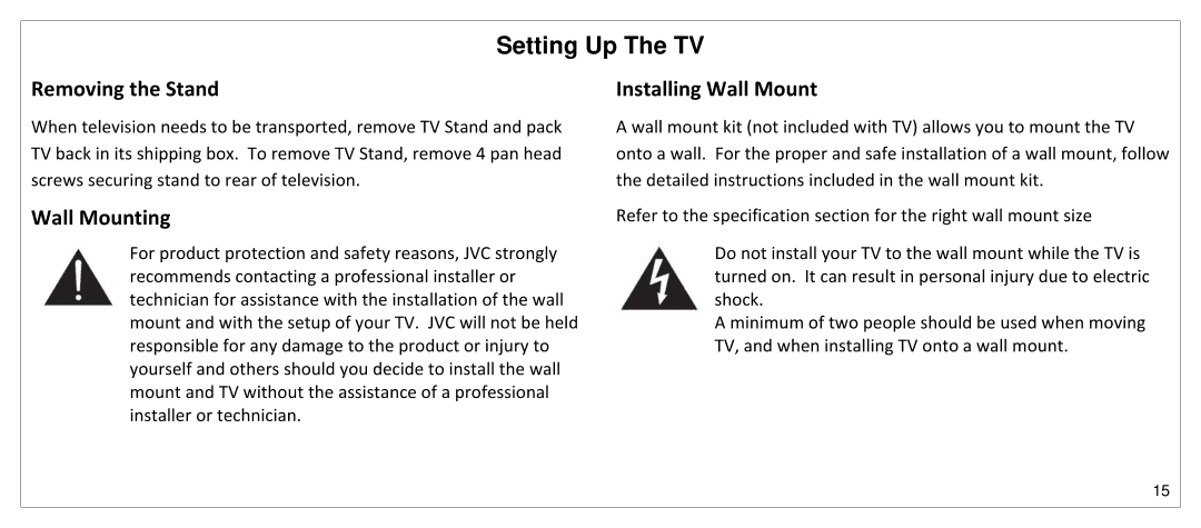 JVC SP55MC manual Removing the Stand, Wall Mounting, Installing Wall Mount 