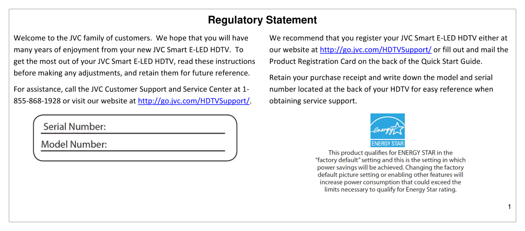 JVC SP55MC manual Regulatory Statement 