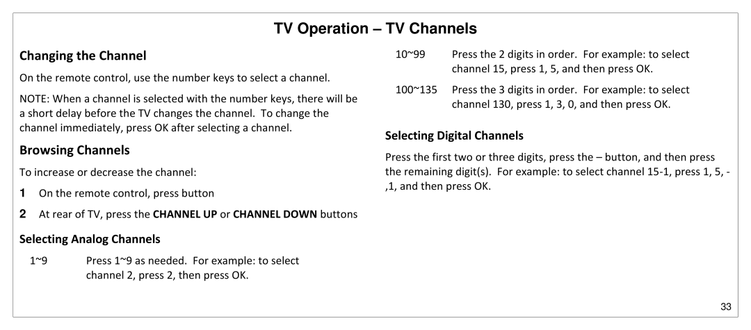 JVC SP55MC manual TV Operation TV Channels, Changing the Channel, Browsing Channels, Selecting Analog Channels 