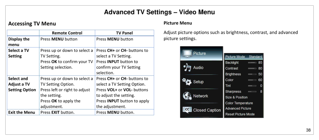 JVC SP55MC manual Advanced TV Settings Video Menu, Accessing TV Menu, Picture Menu 