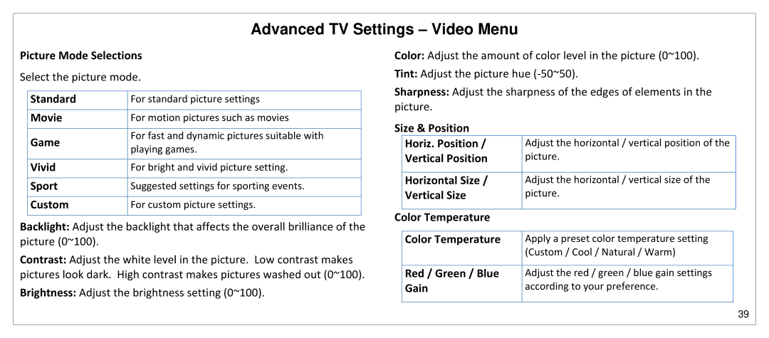 JVC SP55MC Picture Mode Selections, Standard, Movie, Game, Vivid, Sport, Custom, Size & Position Horiz. Position, Gain 