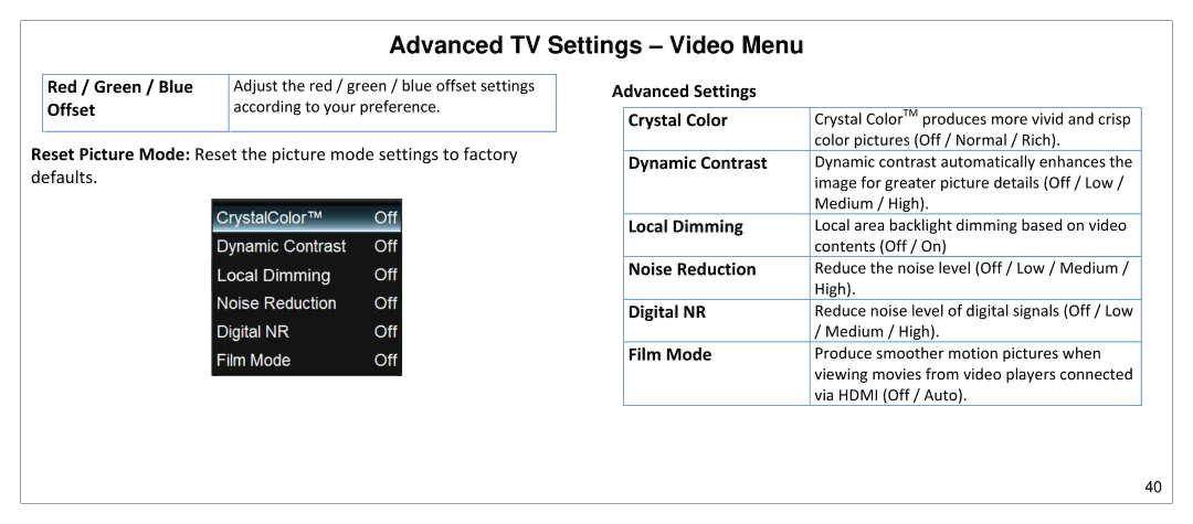 JVC SP55MC manual Offset, Advanced Settings Crystal Color, Dynamic Contrast, Local Dimming, Noise Reduction, Digital NR 