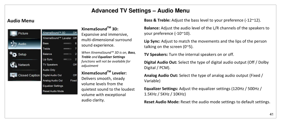 JVC SP55MC manual Advanced TV Settings Audio Menu 