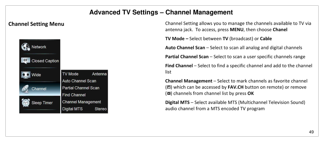 JVC SP55MC manual Advanced TV Settings Channel Management, Channel Setting Menu 