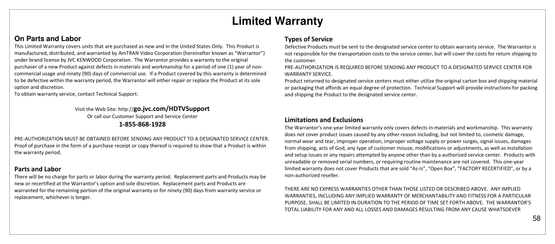 JVC SP55MC manual Limited Warranty, On Parts and Labor 