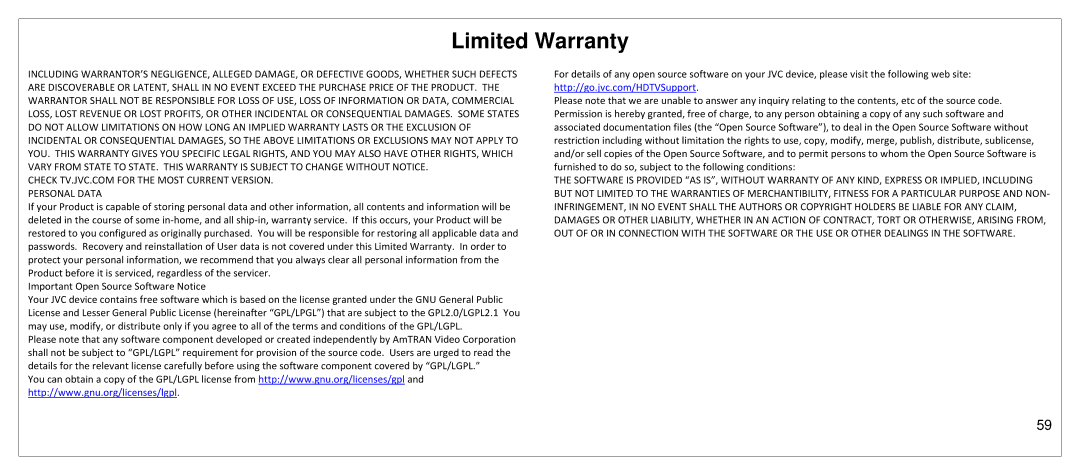 JVC SP55MC manual Limited Warranty 