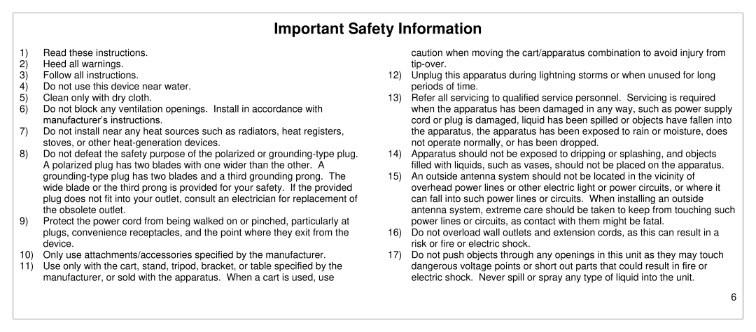 JVC SP55MC manual Important Safety Information 