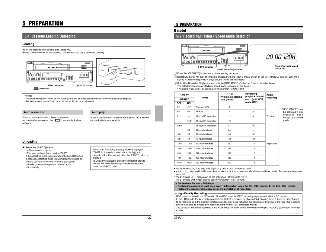 JVC SR-9080 Cassette Loading/Unloading, Preparation, Recording/Playback Speed Mode Selection, Auto operate on Auto play 