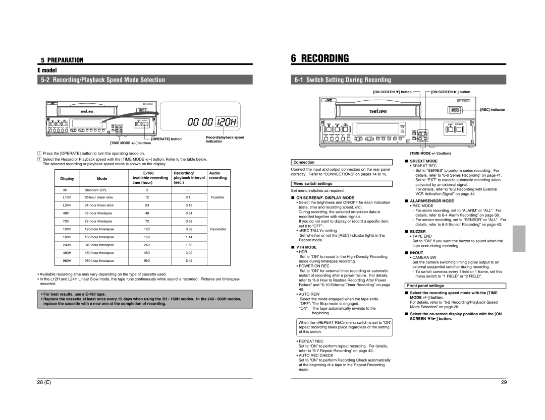 JVC SR-9080 appendix Recording/Playback Speed Mode Selection, Switch Setting During Recording, ALARM/SENSOR Mode 