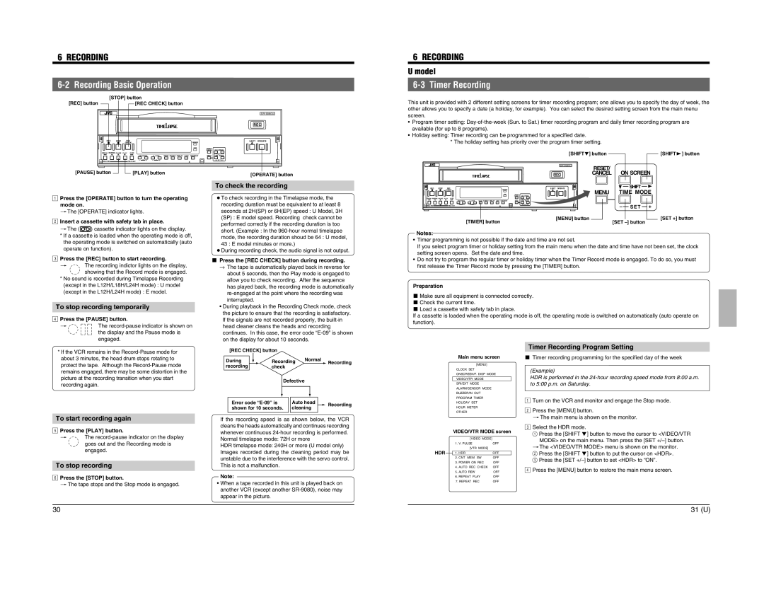 JVC SR-9080 appendix Recording Basic Operation, Timer Recording Program Setting, Reset 