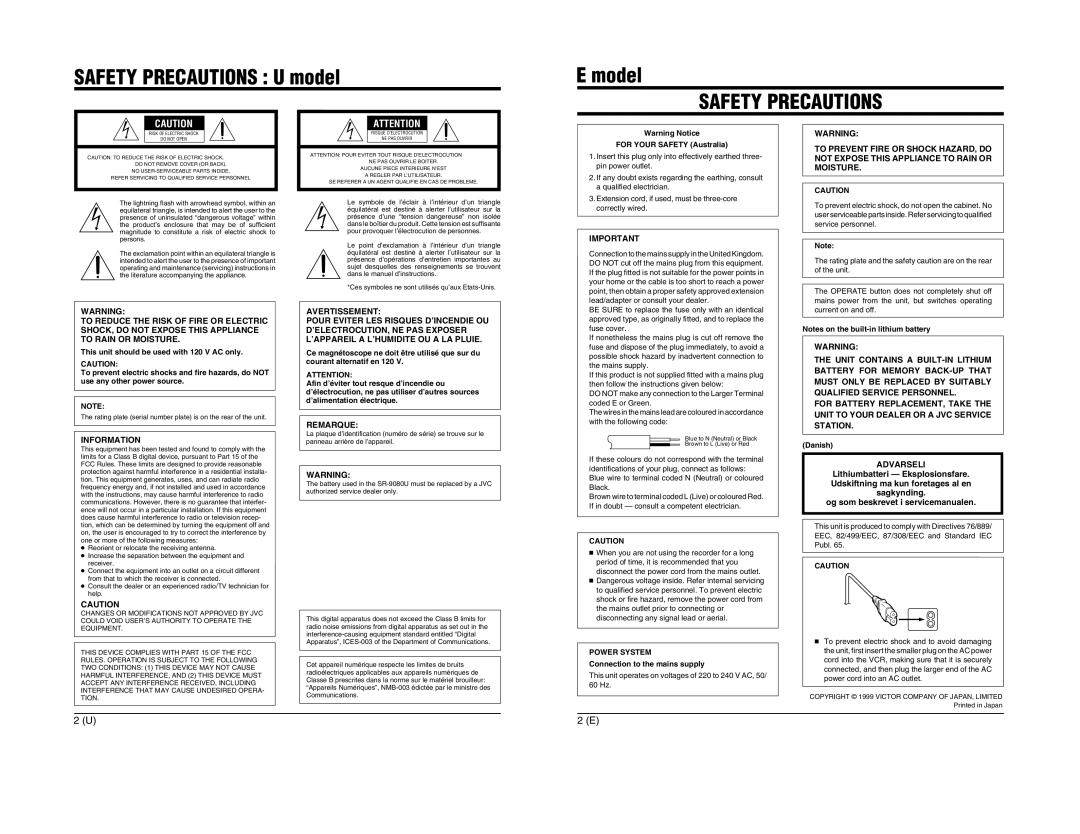 JVC SR-9080 appendix This unit should be used with 120 V AC only, For Your Safety Australia, Power System, Danish 