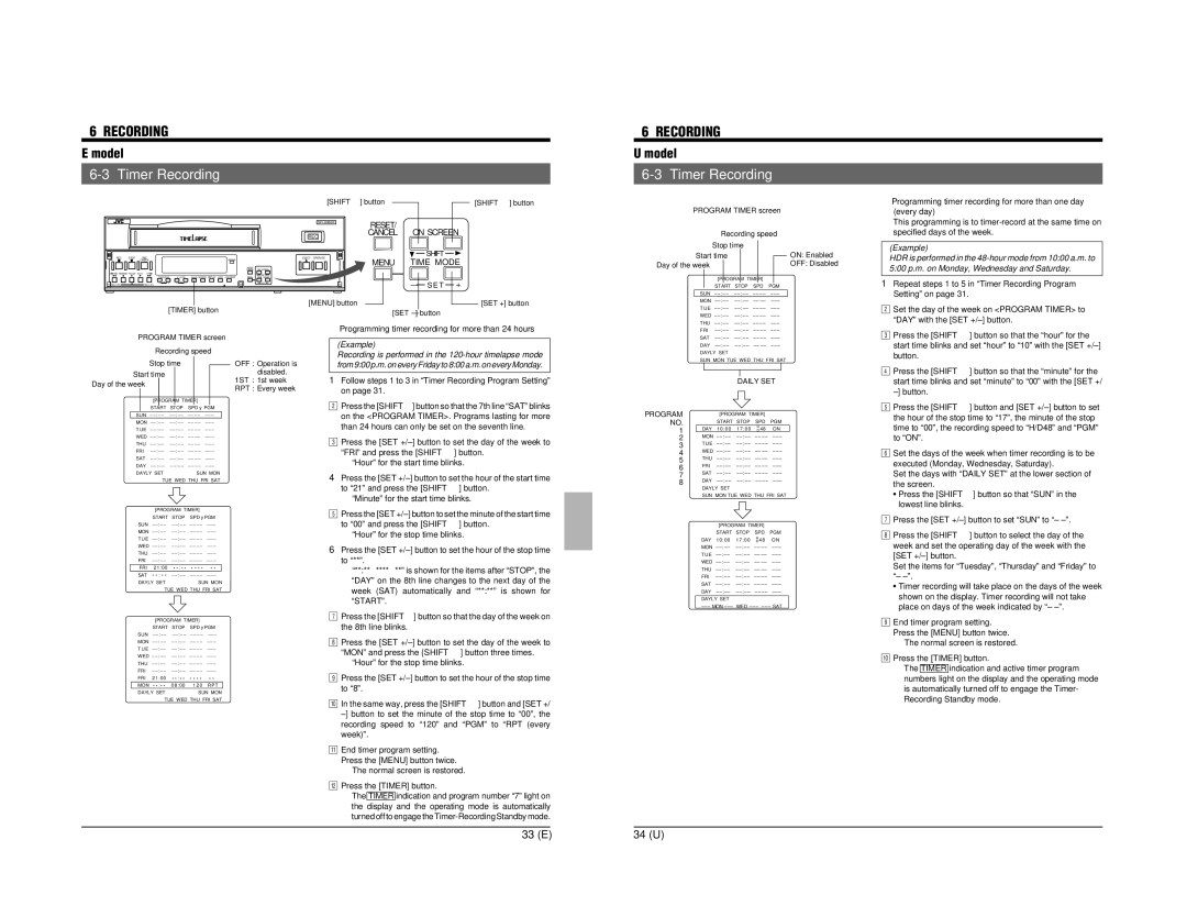 JVC SR-9080 appendix Program Timer screen, Stop time Start time On Enabled Day of the week, Day of the week RPT Every week 