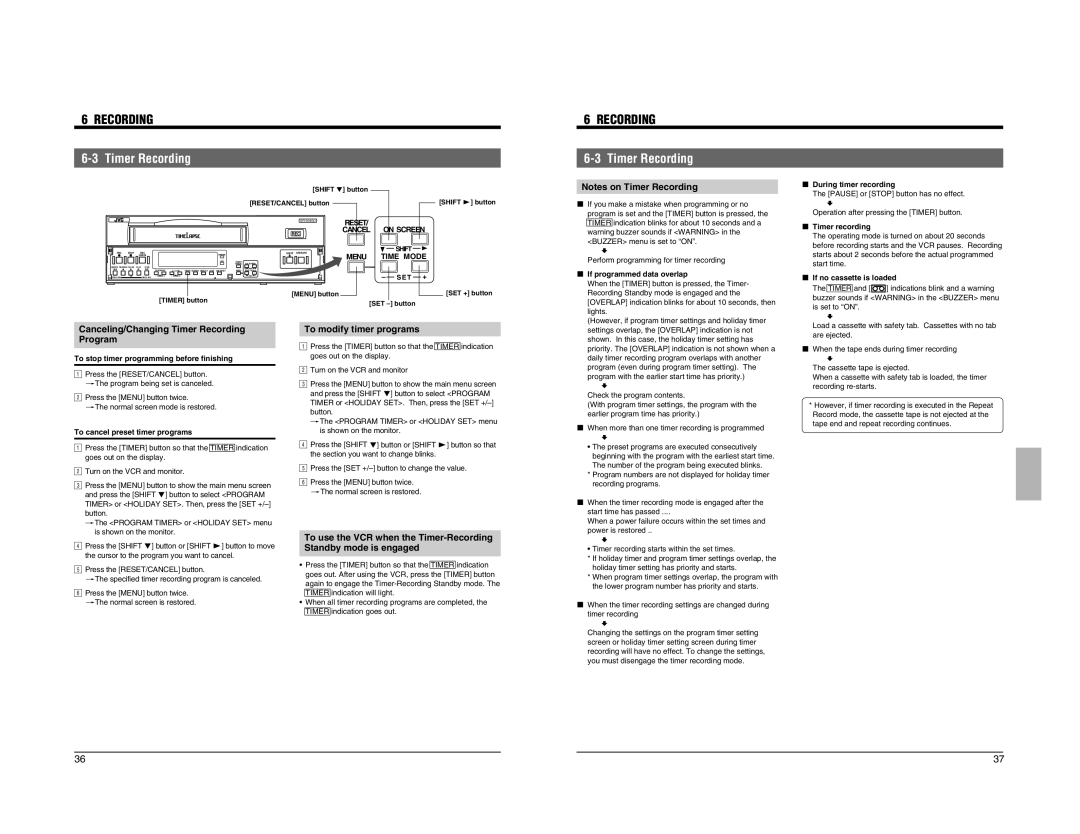 JVC SR-9080 appendix Canceling/Changing Timer Recording, Program, 1To modify timer programs, Standby mode is engaged 