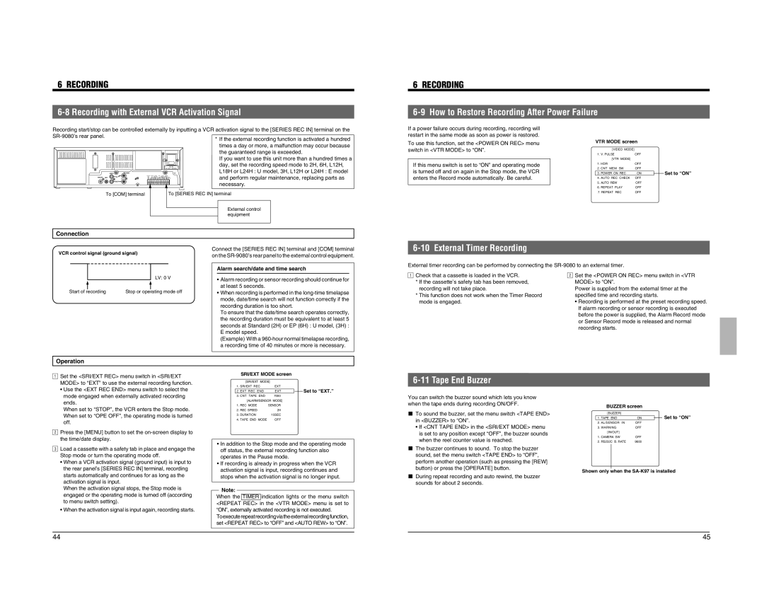 JVC SR-9080 Recording with External VCR Activation Signal, How to Restore Recording After Power Failure, Tape End Buzzer 