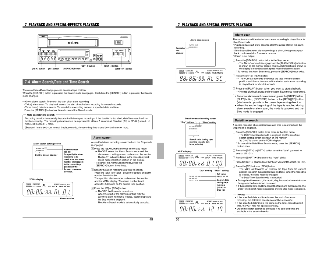 JVC SR-9080 appendix Alarm Search/Date and Time Search, Alarm scan, Date/time search, Alarm search 