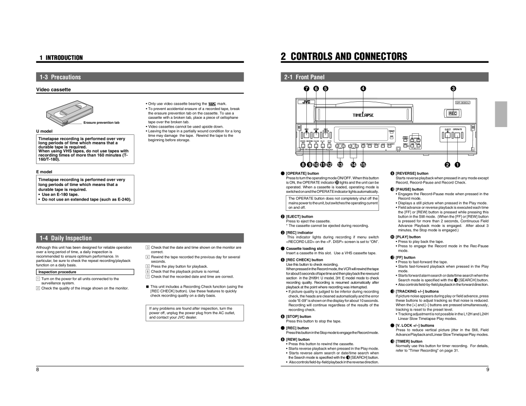 JVC SR-9080 appendix Front Panel, Daily Inspection, Precautions Video cassette, Rec 