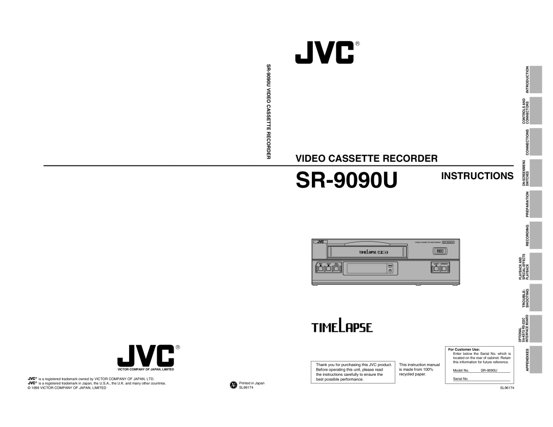 JVC SR-9090U instruction manual Thank you for purchasing this JVC product, Instructions carefully to ensure Recycled paper 