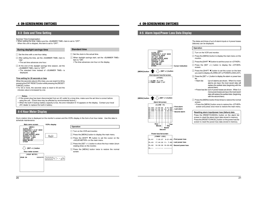 JVC SR-9090U instruction manual Alarm Input/Power Loss Data Display, Hour Meter Display, 1Standard time 