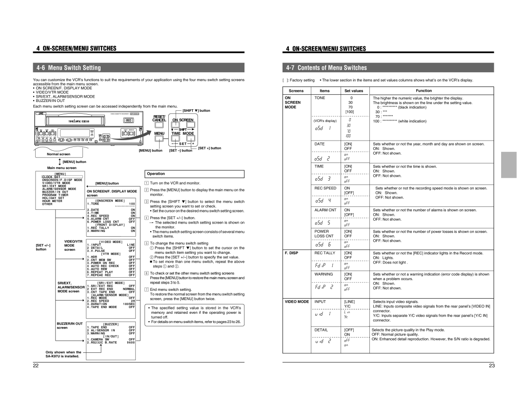 JVC SR-9090U instruction manual Menu Switch Setting, Contents of Menu Switches 