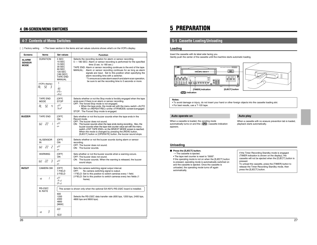 JVC SR-9090U instruction manual Preparation, Cassette Loading/Unloading, Auto operate on Auto play 