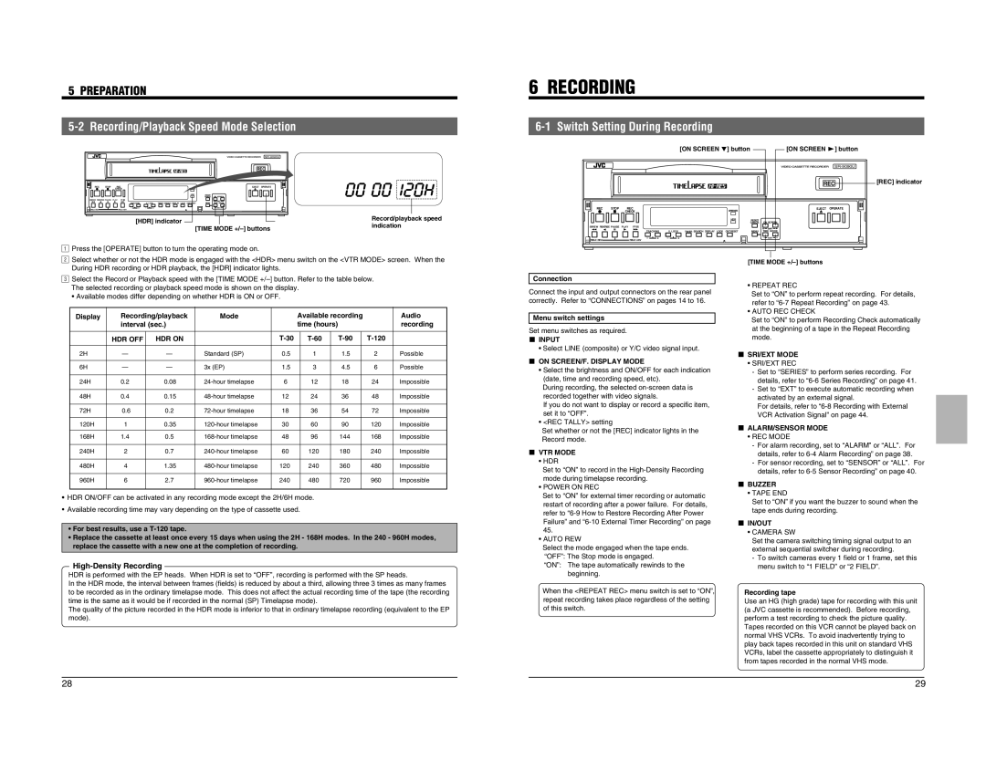 JVC SR-9090U instruction manual Preparation, Recording/Playback Speed Mode Selection, Switch Setting During Recording 