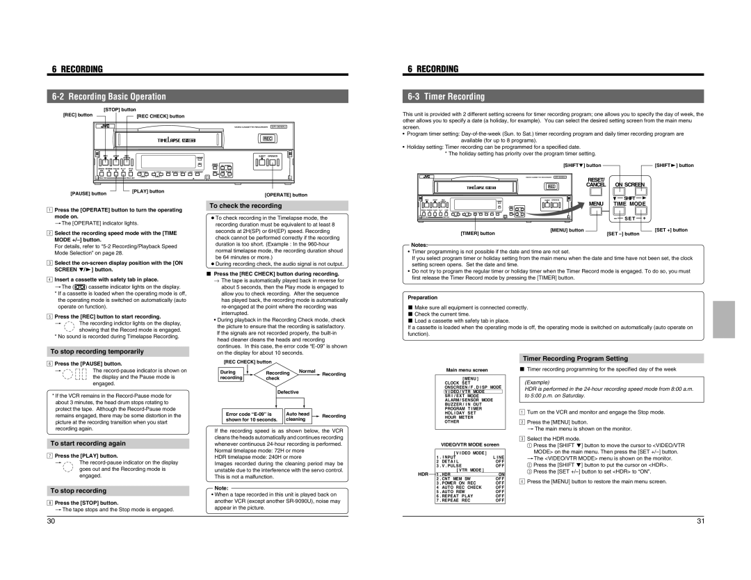 JVC SR-9090U instruction manual Recording Basic Operation, Timer Recording 