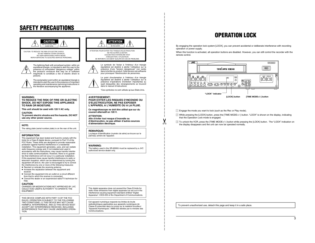 JVC SR-9090U instruction manual Safety Precautions, Operation Lock, Information, Remarque 