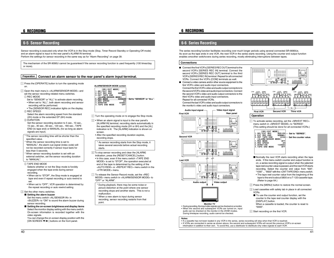 JVC SR-9090U instruction manual Sensor Recording, Series Recording, Connections 