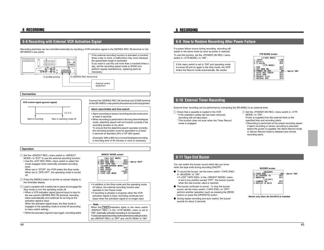 JVC SR-9090U Recording with External VCR Activation Signal, How to Restore Recording After Power Failure, Tape End Buzzer 