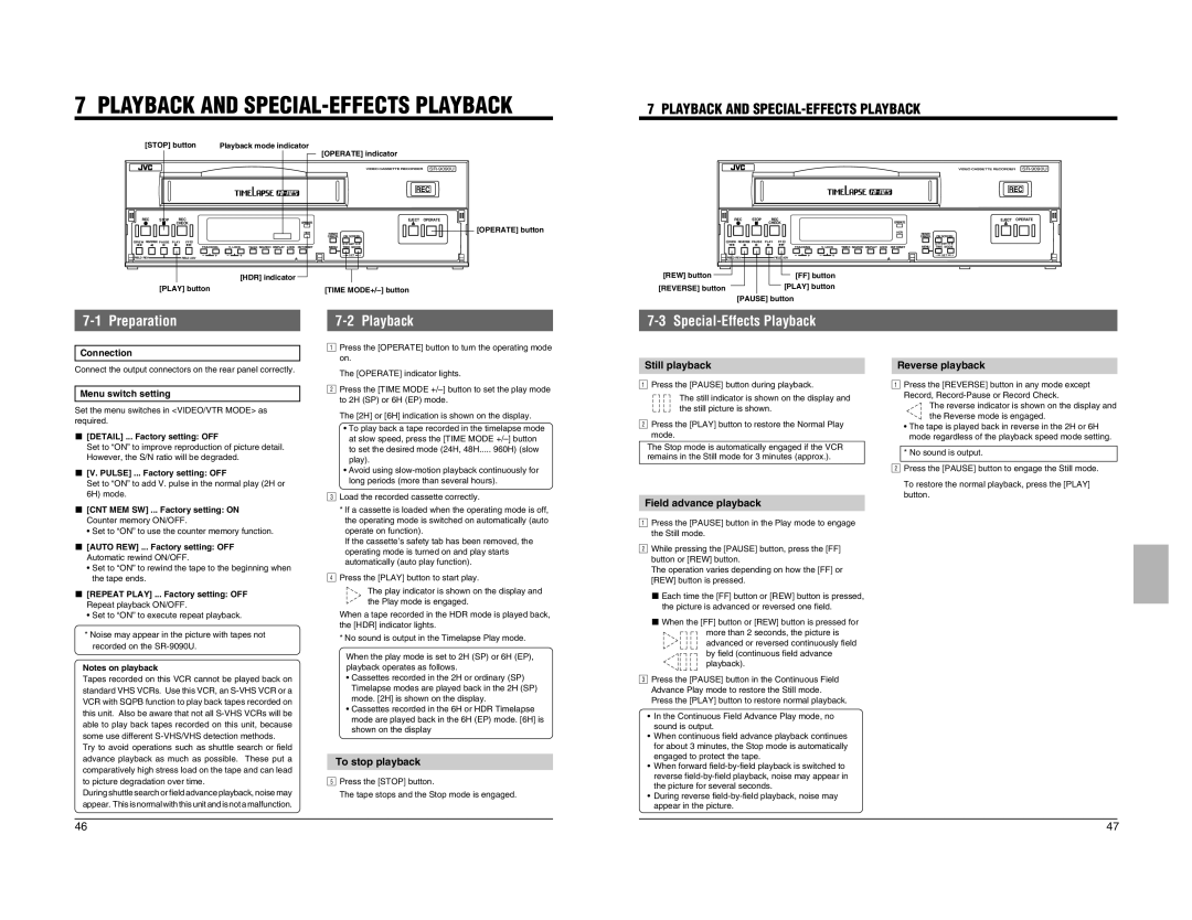 JVC SR-9090U instruction manual Playback and SPECIAL-EFFECTS Playback, Preparation, Special-Effects Playback 