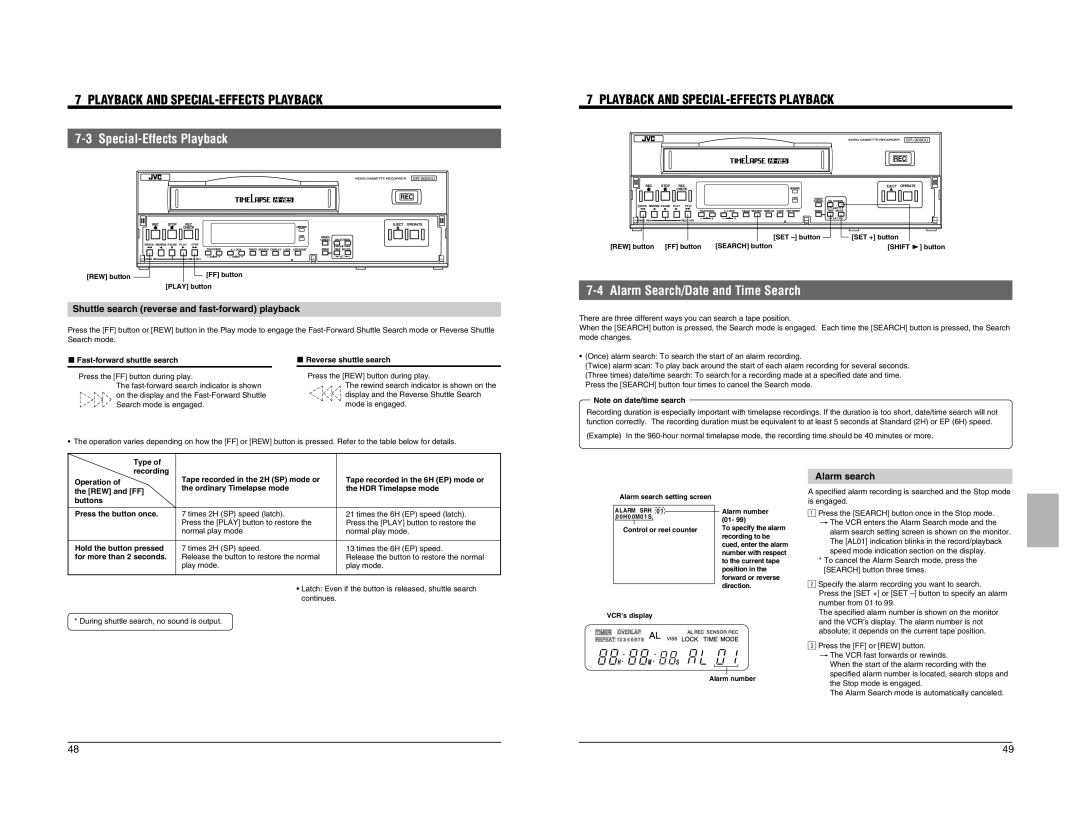 JVC SR-9090U Alarm Search/Date and Time Search, Shuttle search reverse and fast-forward playback, Alarm search 