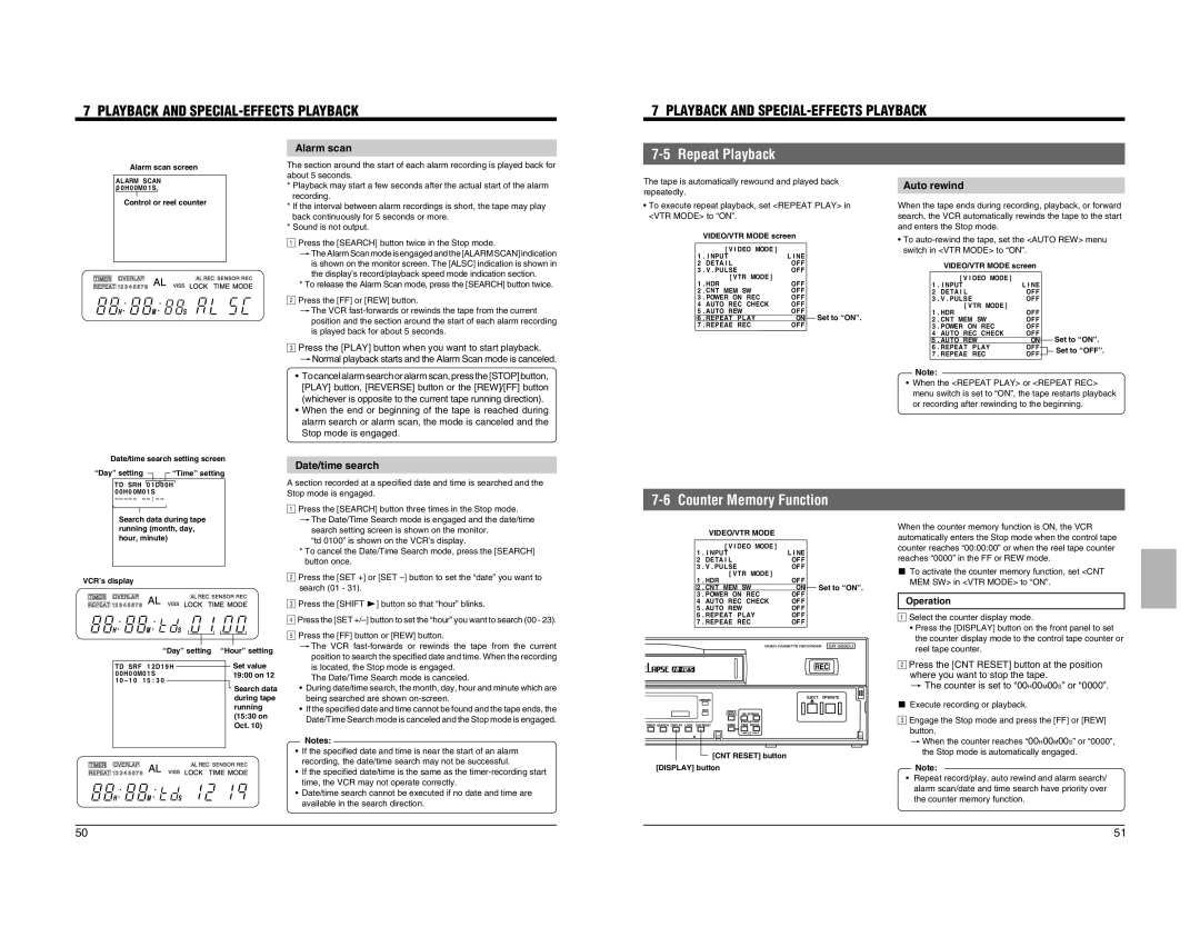 JVC SR-9090U instruction manual Repeat Playback, Counter Memory Function, Alarm scan, Auto rewind, Date/time search 